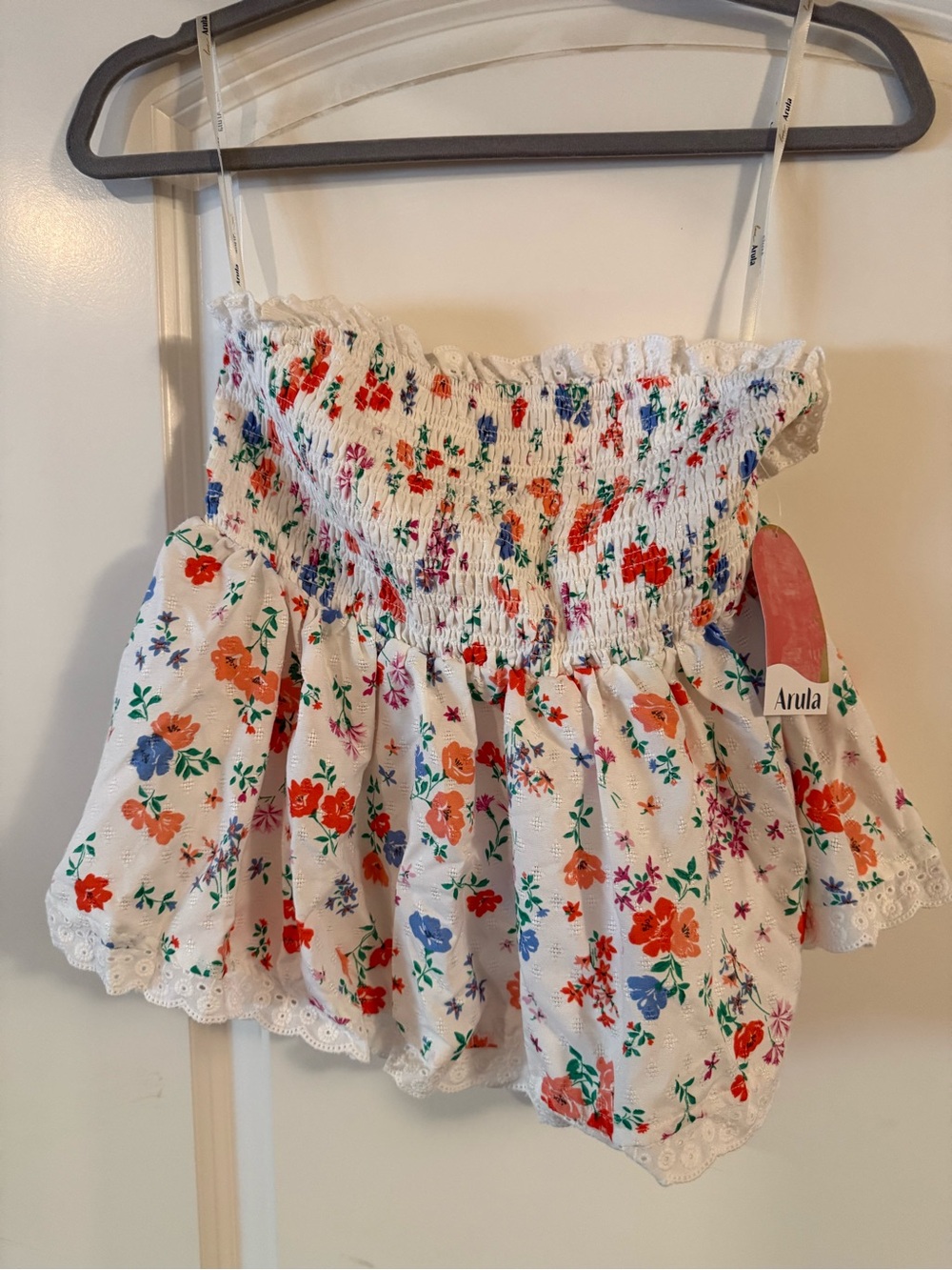 ARULA White Floral Smocked Strapless Top with Lace Trim